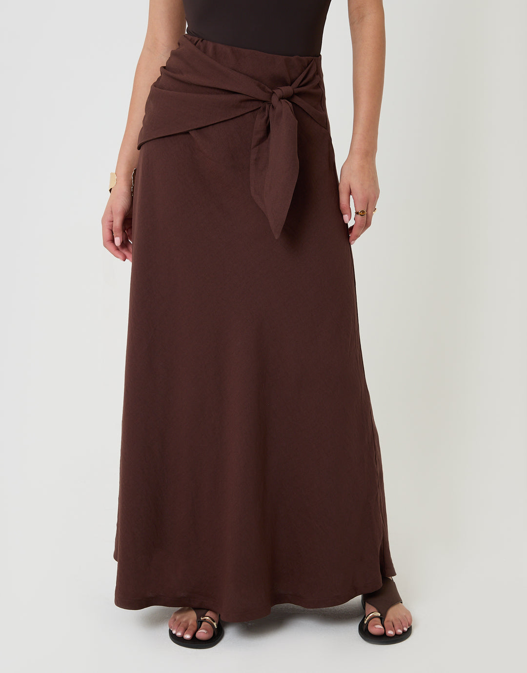 Threadbare Tie Sash Midi Skirt in Chocolate - front view
