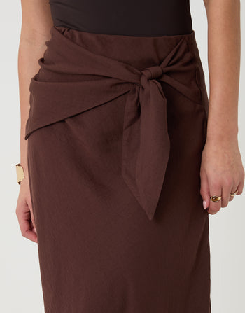 Threadbare Tie Sash Midi Skirt in Chocolate - close up