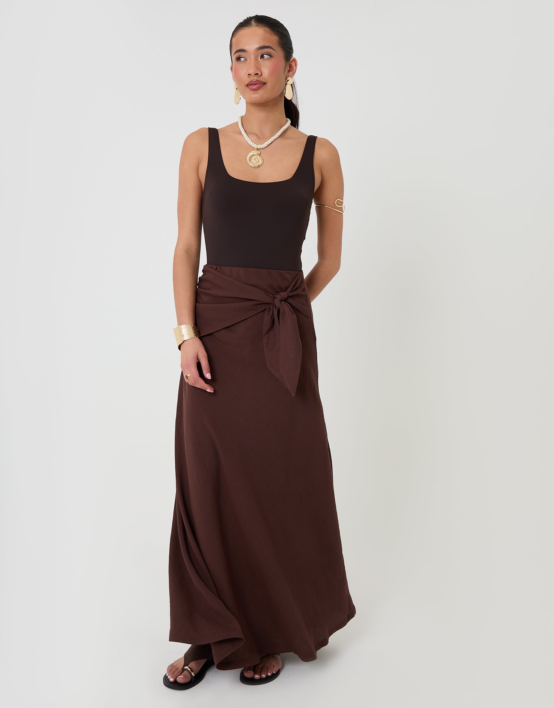 Tie Sash Midi Skirt in Chocolate Brown