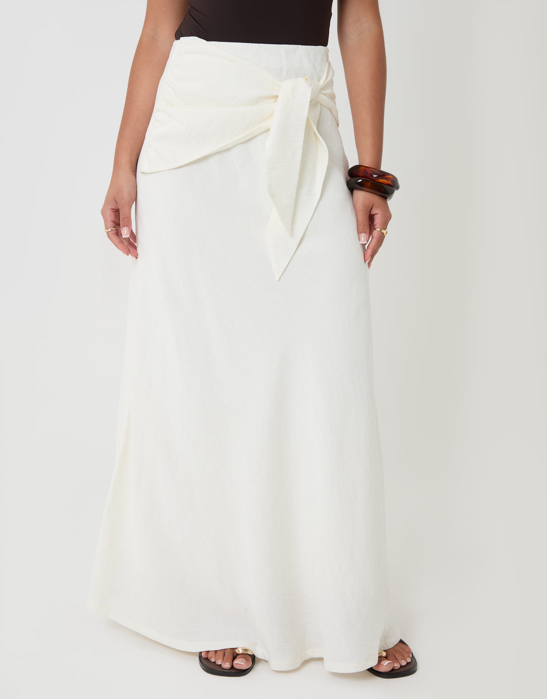 Threadbare Tie Sash Midi Skirt in White - front view