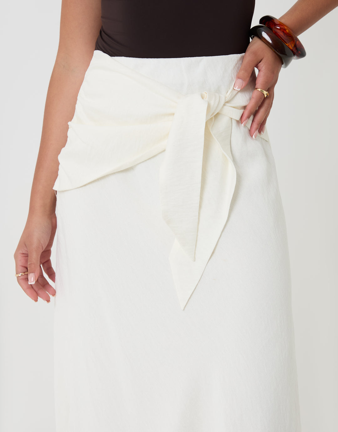 Threadbare Tie Sash Midi Skirt in White - close up