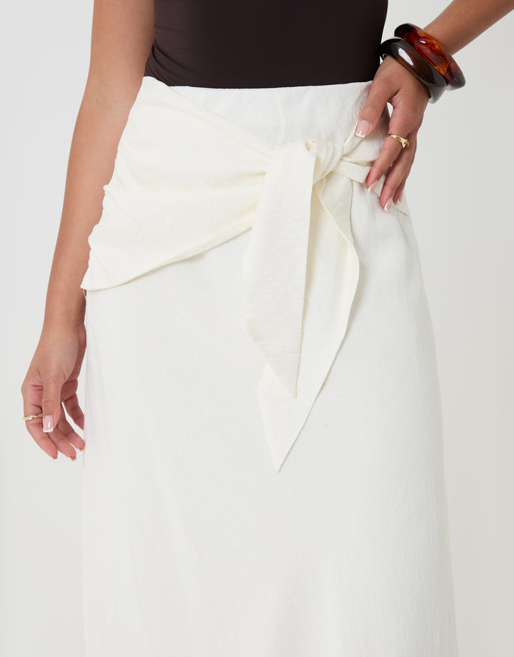 Threadbare Tie Sash Midi Skirt in White - close up
