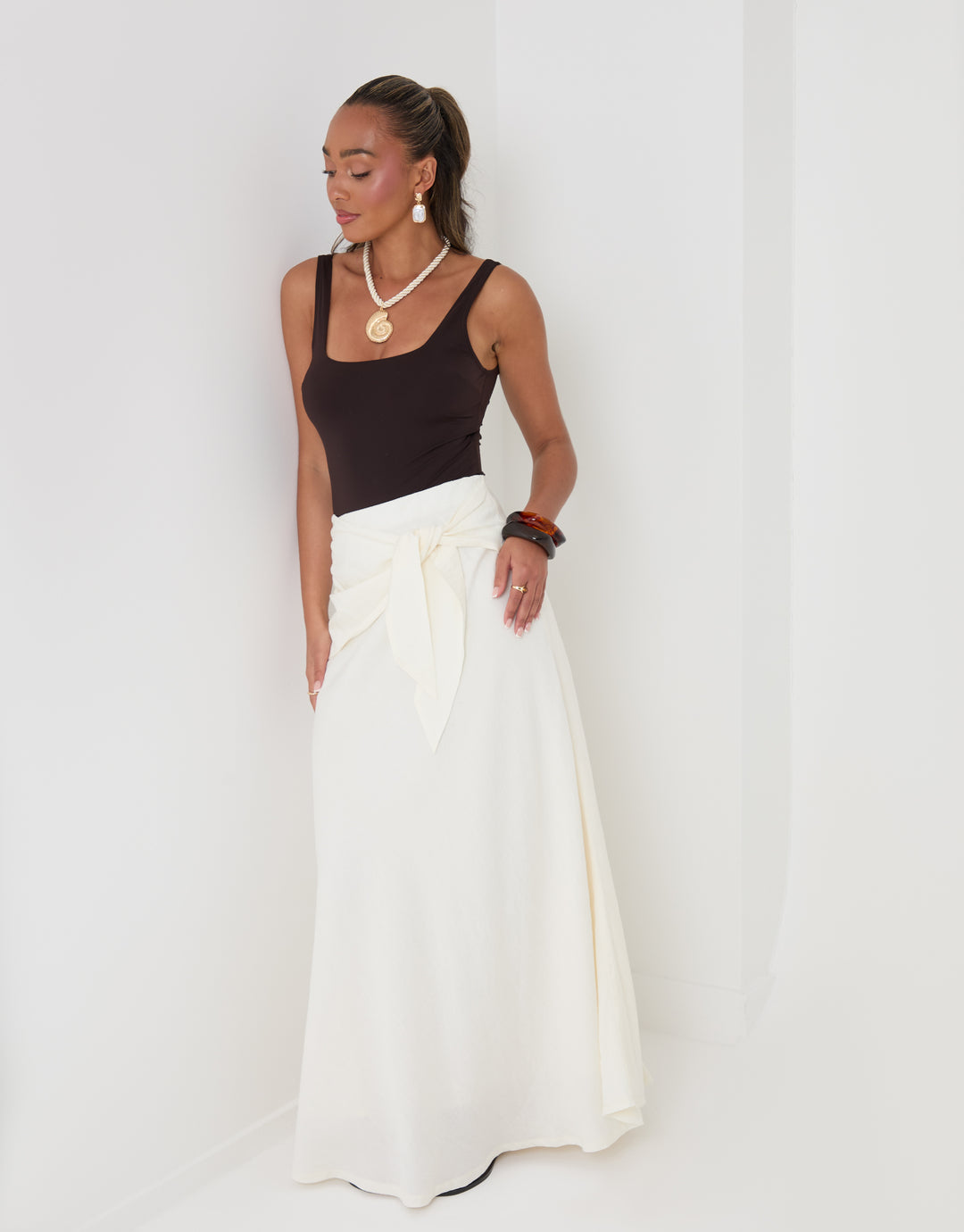 Threadbare Tie Sash Midi Skirt in White - full body
