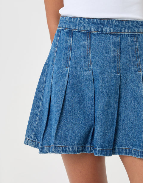 Threadbare Denim Pleated Mini Skirt in Mid Wash - close up