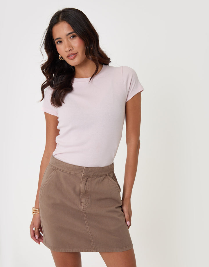 Denim A-Line Mini Skirt in Mocha Brown