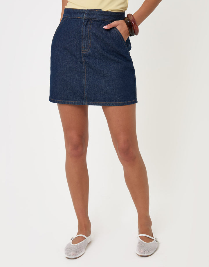 Threadbare Denim A-Line Mini Skirt in Indigo - front view