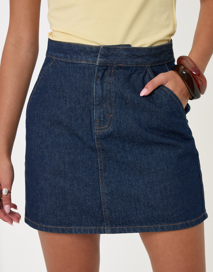 Threadbare Denim A-Line Mini Skirt in Indigo - close up
