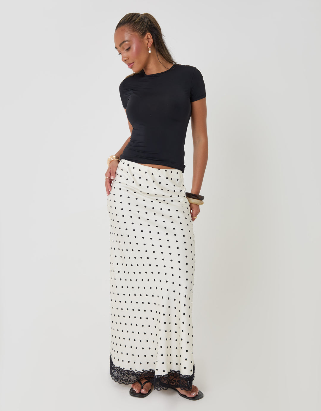 Petite Polka Dot Satin Lace Trim Maxi Skirt in White