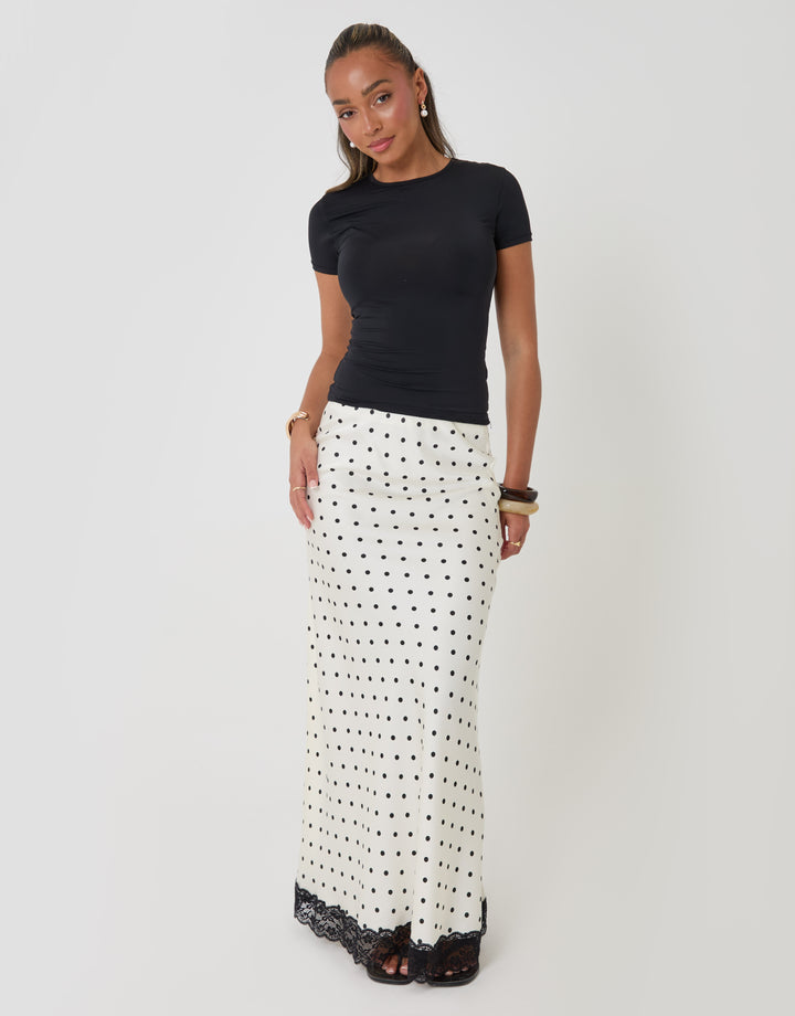 Petite Polka Dot Satin Lace Trim Maxi Skirt in White