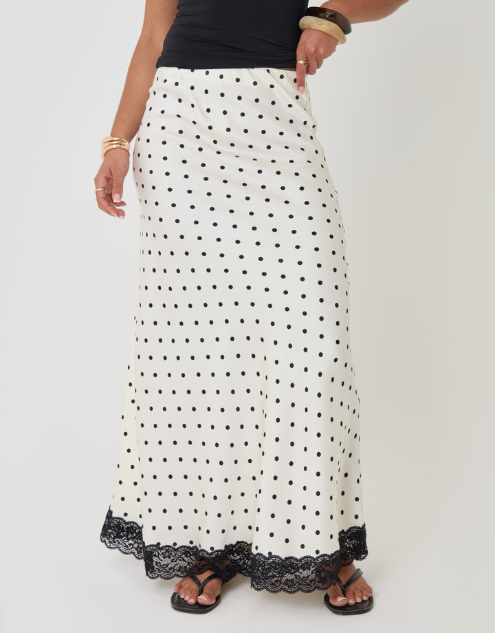 Petite Polka Dot Satin Lace Trim Maxi Skirt in White