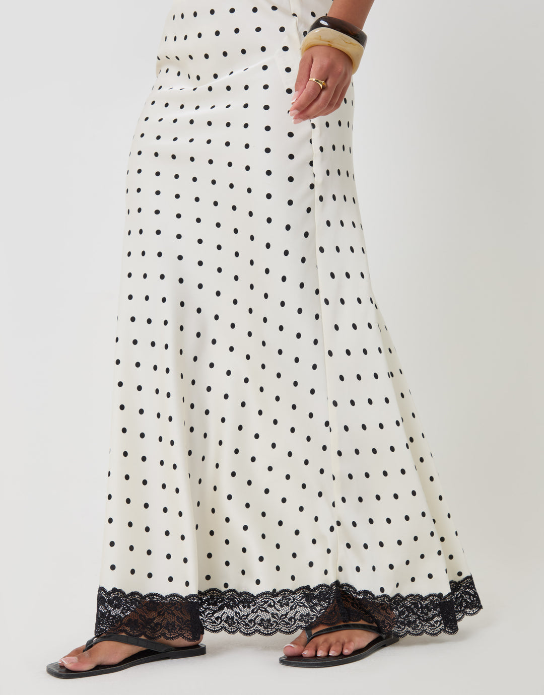 Petite Polka Dot Satin Lace Trim Maxi Skirt in White
