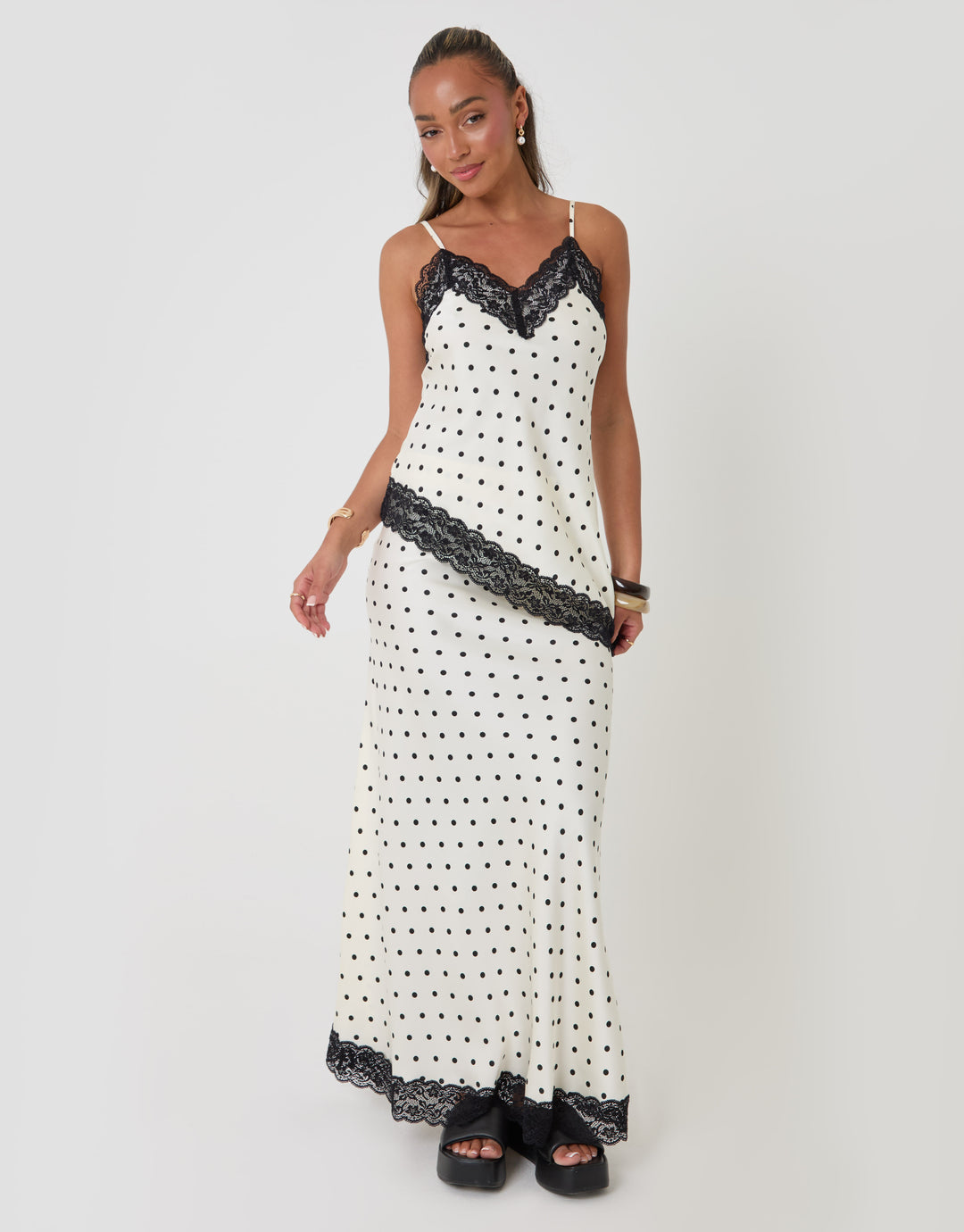 Threadbare Satin Lace Trim Cami in White Polka Dot - full body