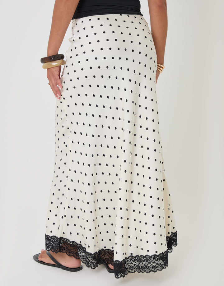 Petite Polka Dot Satin Lace Trim Maxi Skirt in White