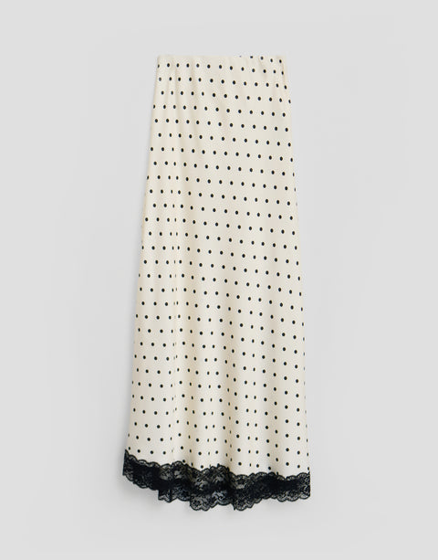 Threadbare Satin Lace Trim Maxi Skirt in White Polka Dot - flat lay