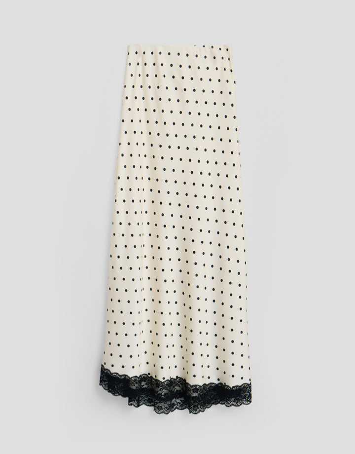 Threadbare Satin Lace Trim Maxi Skirt in White Polka Dot - flat lay