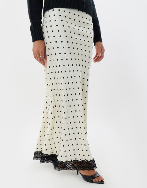 Threadbare Satin Lace Trim Maxi Skirt in Cream Polka Dot - front view