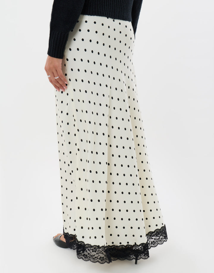Threadbare Satin Lace Trim Maxi Skirt in Cream Polka Dot - back view