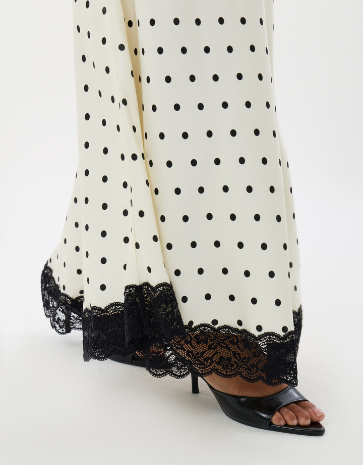 Threadbare Satin Lace Trim Maxi Skirt in Cream Polka Dot - close up