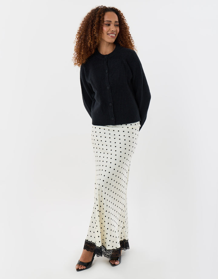 Threadbare Satin Lace Trim Maxi Skirt in Cream Polka Dot - full body