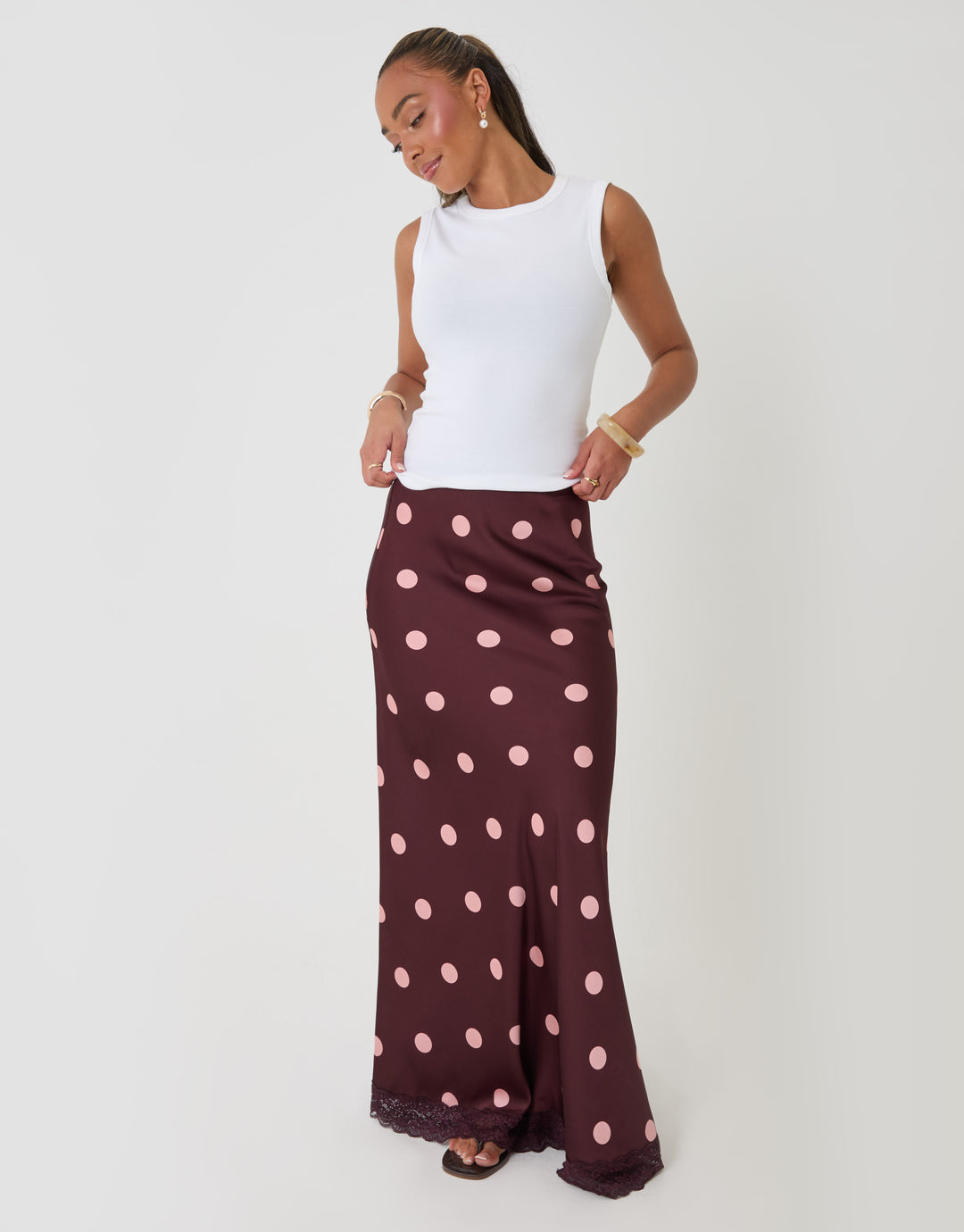 Petite Satin Lace Trim Maxi Skirt in Burgundy Polka Dot