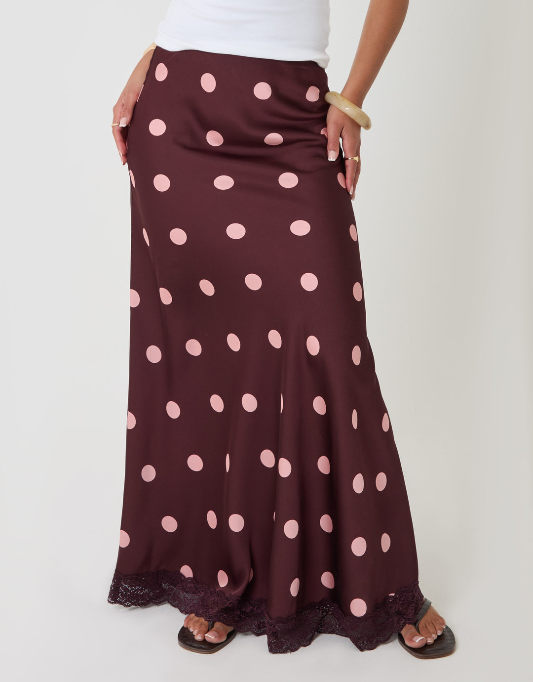 Threadbare Polka Dot Satin Lace Trim Maxi Skirt in Burgundy - front view