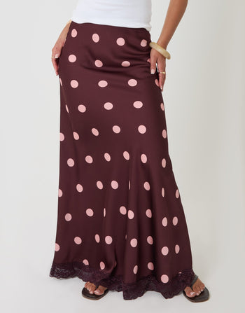 Threadbare Polka Dot Satin Lace Trim Maxi Skirt in Burgundy - front view
