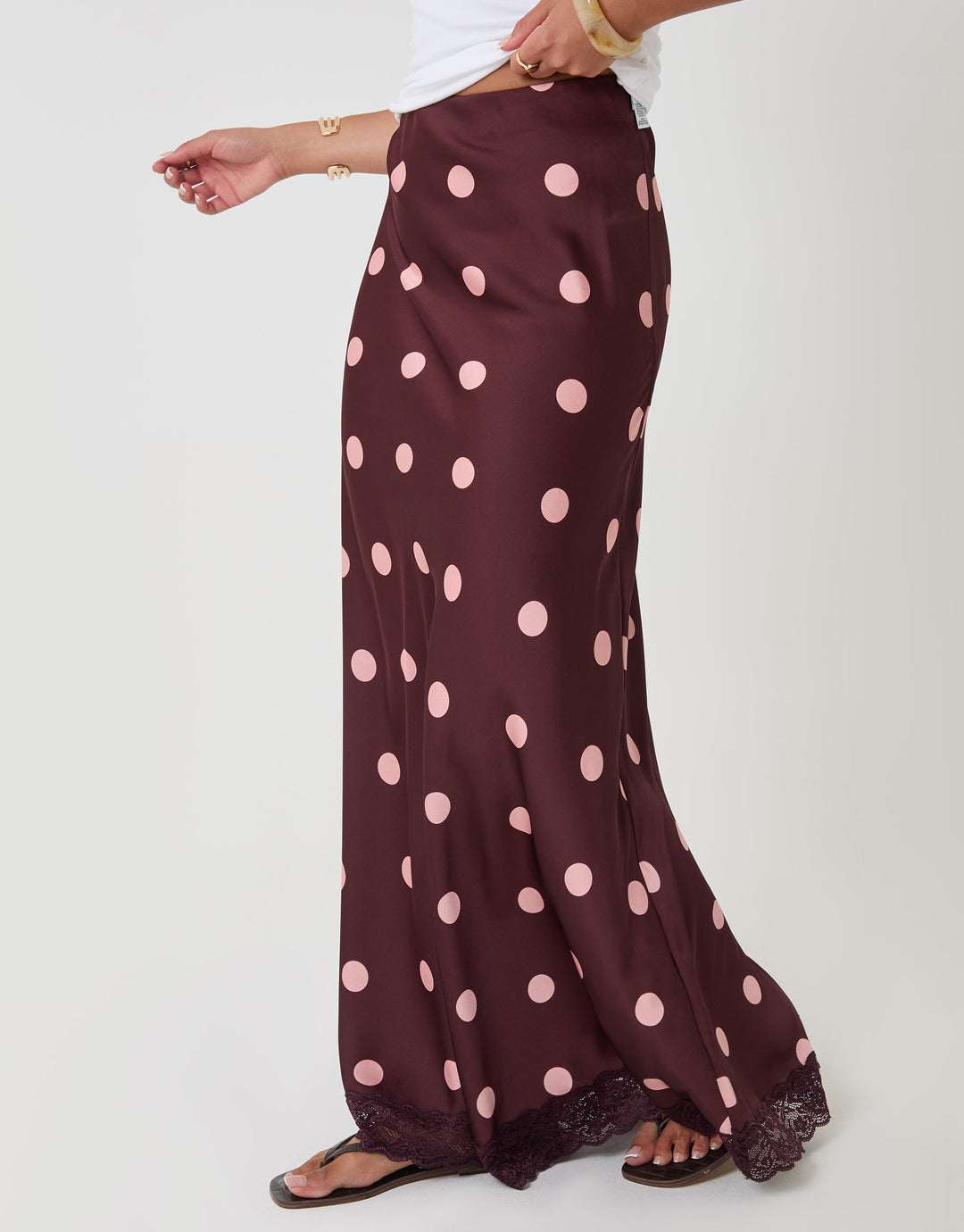 Threadbare Polka Dot Satin Lace Trim Maxi Skirt in Burgundy - front view