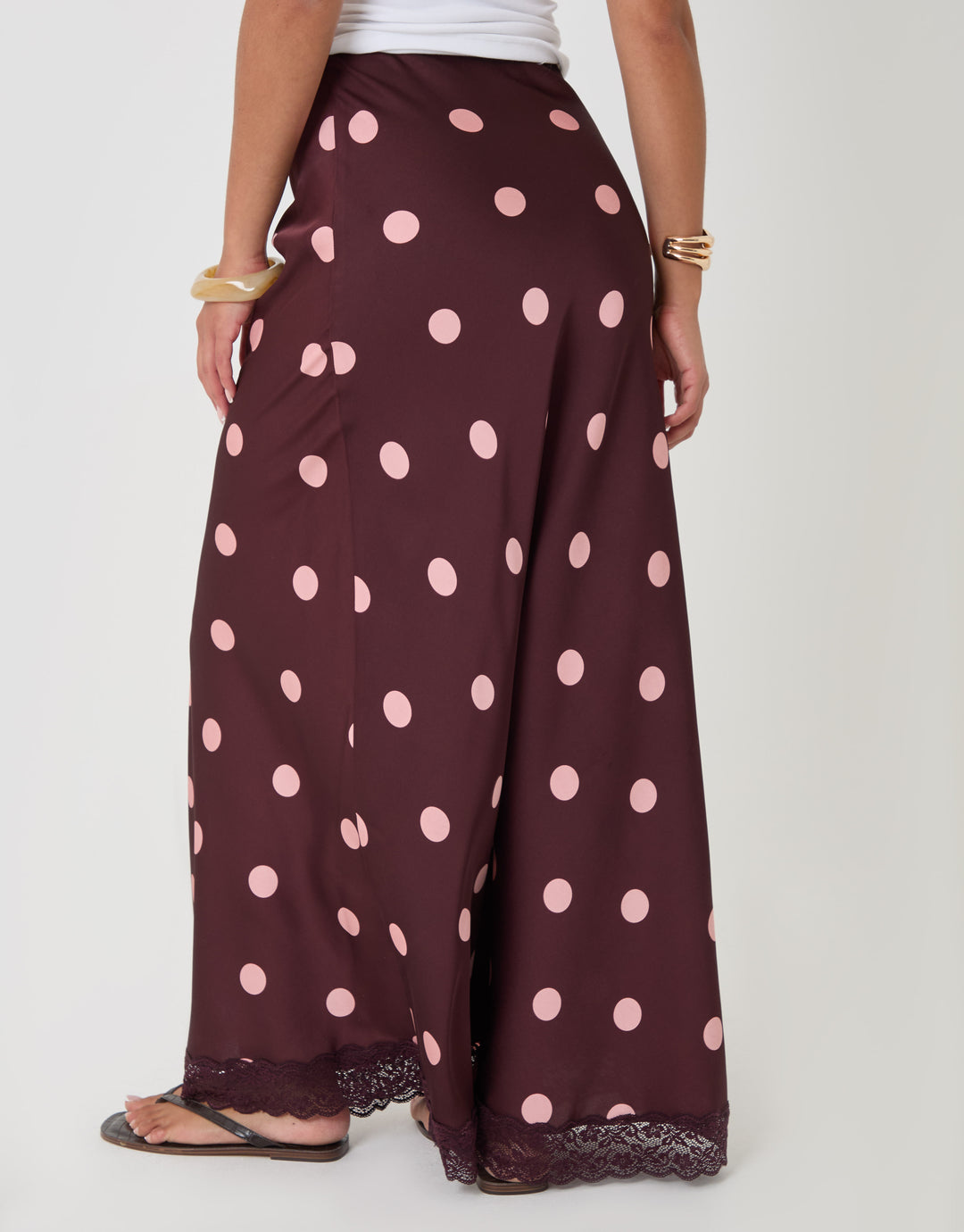 Threadbare Polka Dot Satin Lace Trim Maxi Skirt in Burgundy - back view