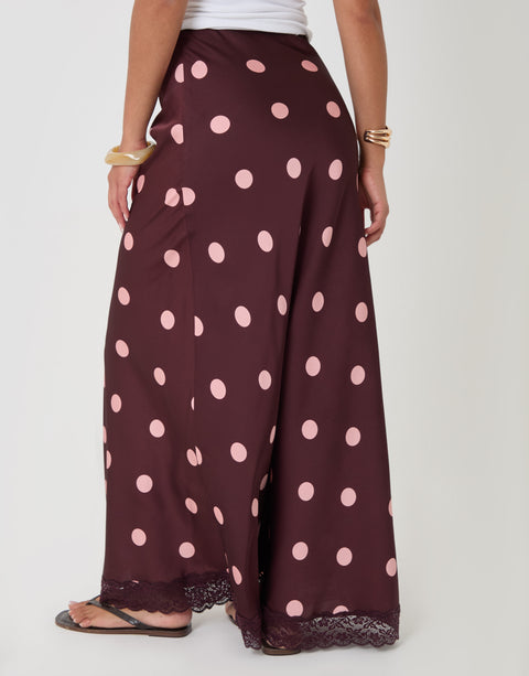 Threadbare Polka Dot Satin Lace Trim Maxi Skirt in Burgundy - back view