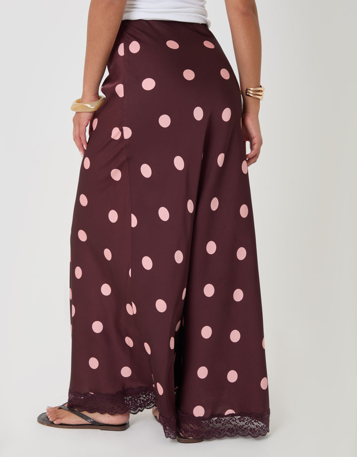 Threadbare Polka Dot Satin Lace Trim Maxi Skirt in Burgundy - back view