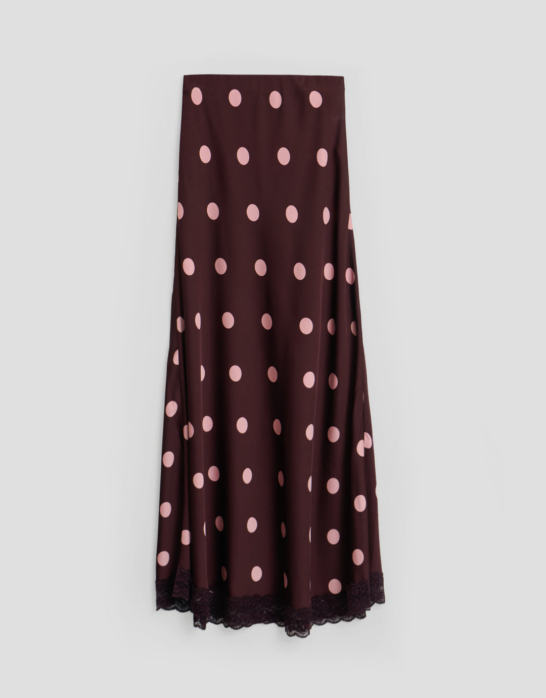 Threadbare Satin Lace Trim Maxi Skirt in Burgundy Polka Dot - flat lay
