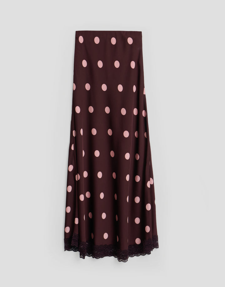 Threadbare Satin Lace Trim Maxi Skirt in Burgundy Polka Dot - flat lay
