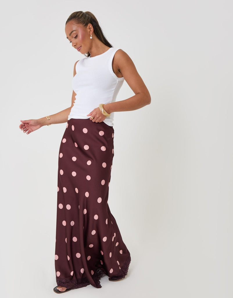 Satin Lace Trim Maxi Skirt Polka Dot