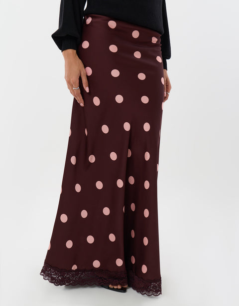 Threadbare Satin Lace Trim Maxi Skirt in Burgundy Polka Dot - front view