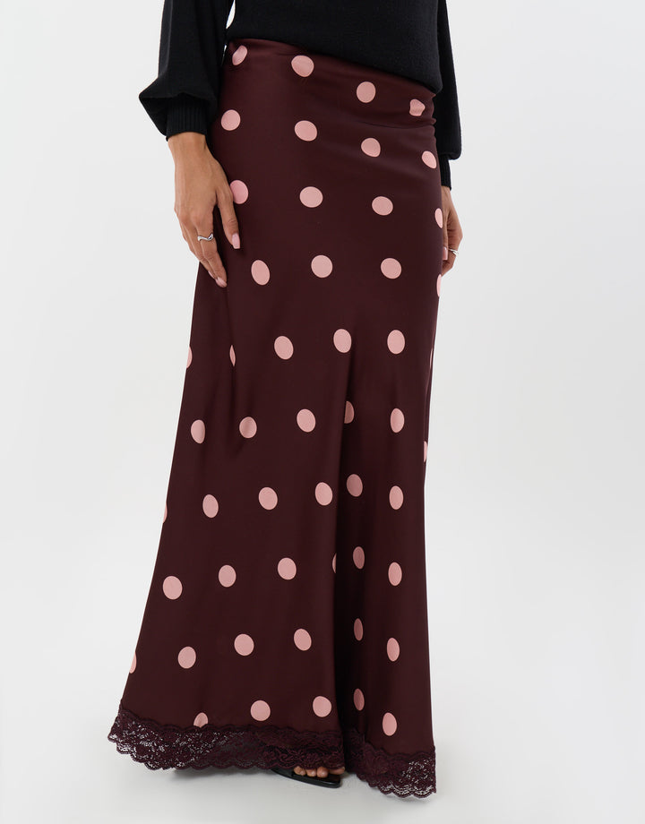Threadbare Satin Lace Trim Maxi Skirt in Burgundy Polka Dot - front view