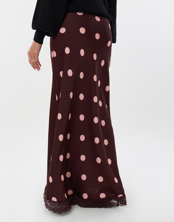 Threadbare Satin Lace Trim Maxi Skirt in Burgundy Polka Dot - back view
