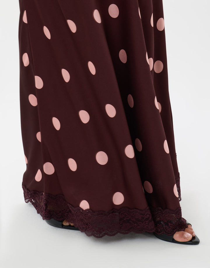 Threadbare Satin Lace Trim Maxi Skirt in Burgundy Polka Dot - close up