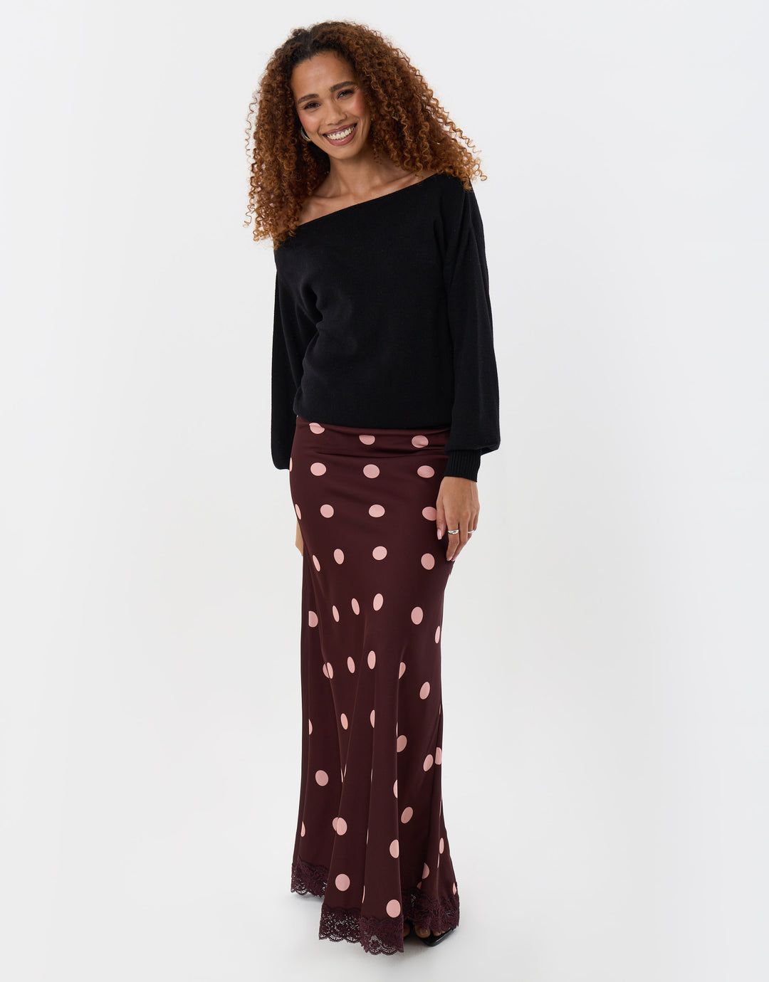 Threadbare Satin Lace Trim Maxi Skirt in Burgundy Polka Dot - full body