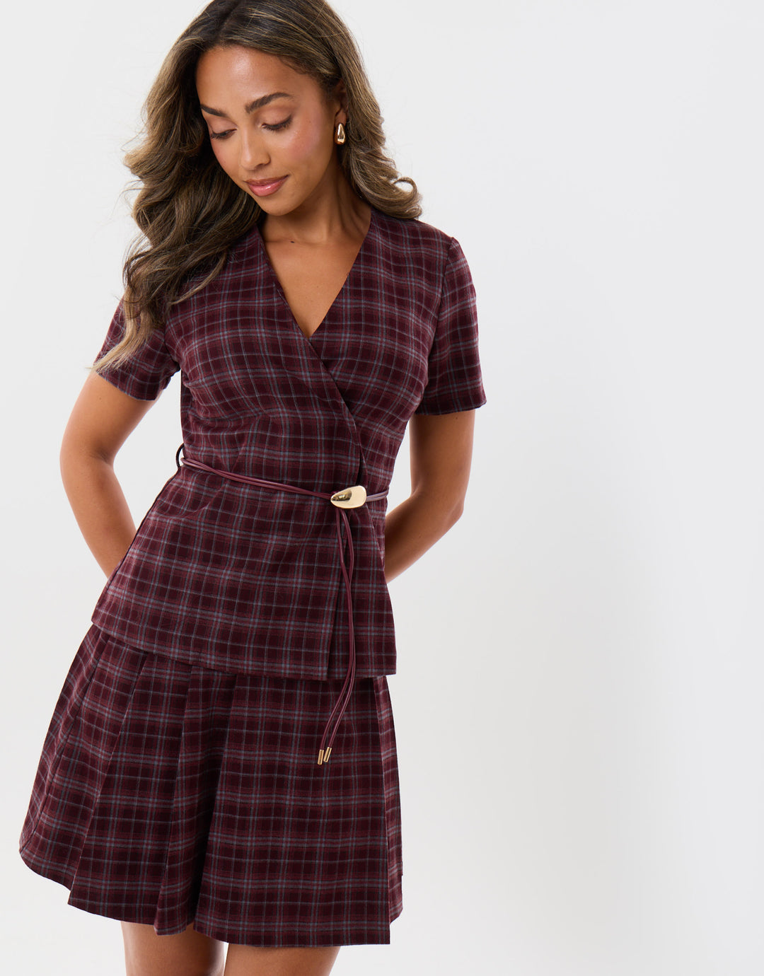 Threadbare Belted Blazer Top in Berry Check - full body
