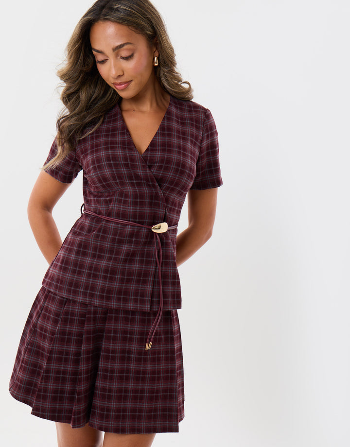 Threadbare Belted Blazer Top in Berry Check - full body