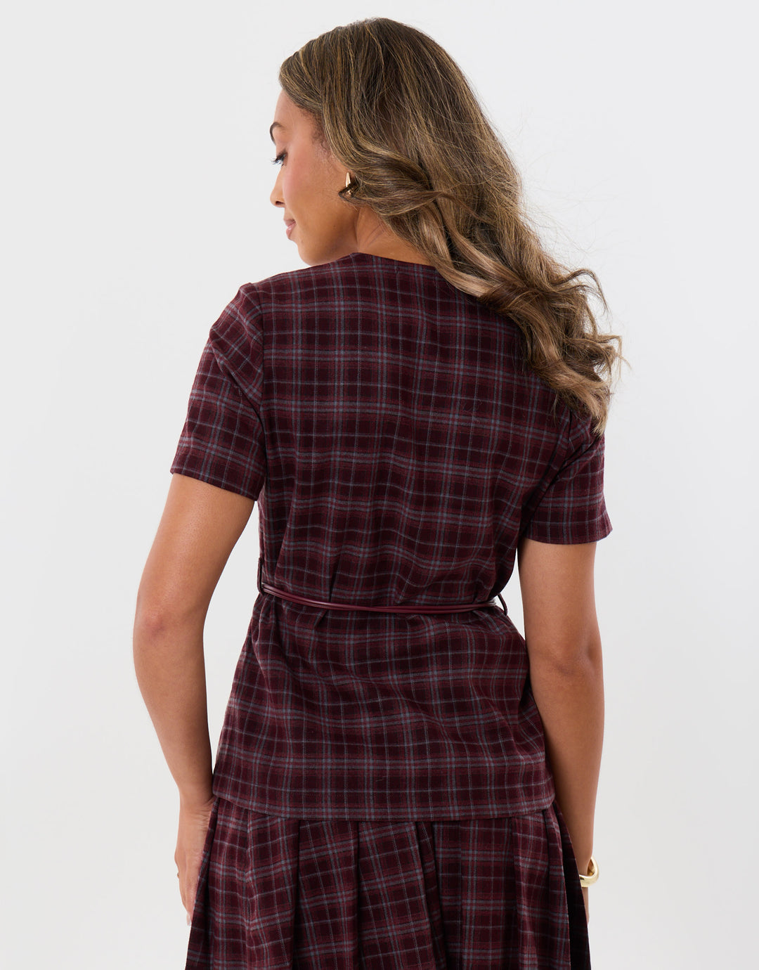 Threadbare Belted Blazer Top in Berry Check - back view
