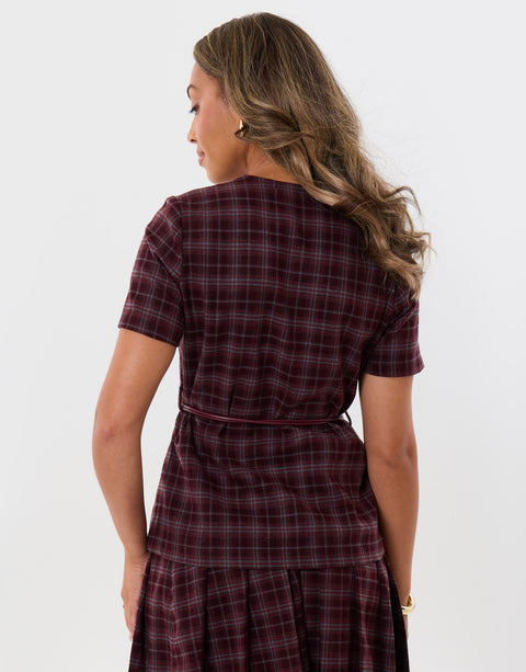 Threadbare Belted Blazer Top in Berry Check - back view