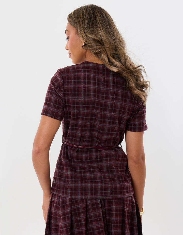 Threadbare Belted Blazer Top in Berry Check - back view