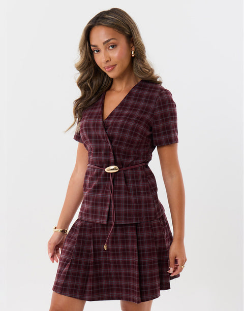 Threadbare Belted Blazer Top in Berry Check - full body