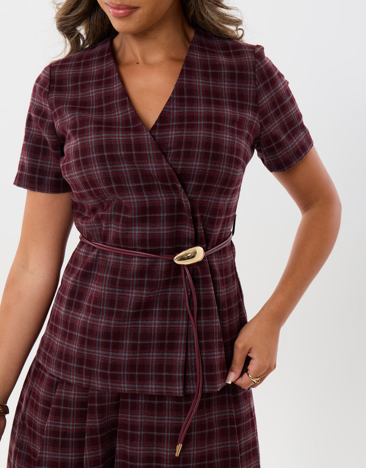 Threadbare Belted Blazer Top in Berry Check - close up