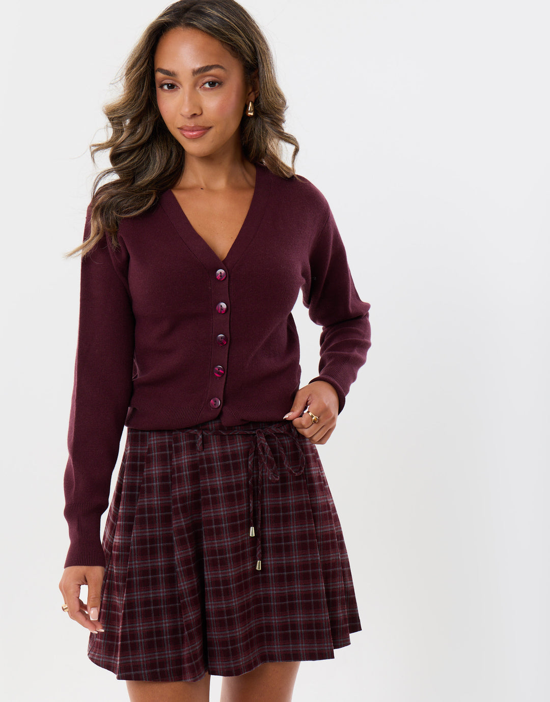 Threadbare Mini Kilt Skirt with Tie Belt in Purple Check - front view