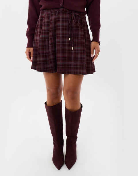 Threadbare Mini Kilt Skirt with Tie Belt in Purple Check - front view