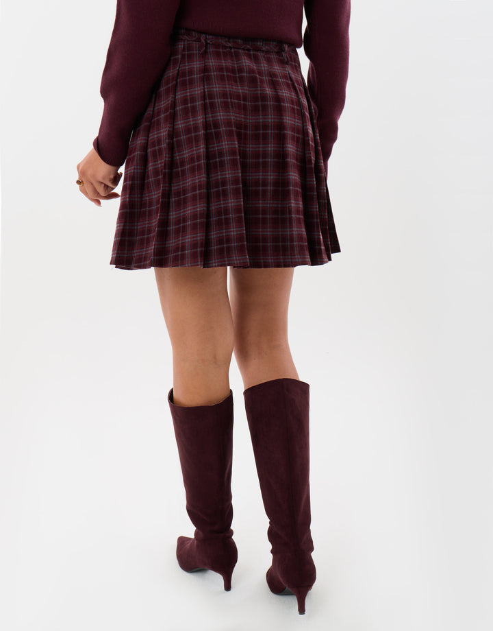 Threadbare Mini Kilt Skirt with Tie Belt in Purple Check - back view