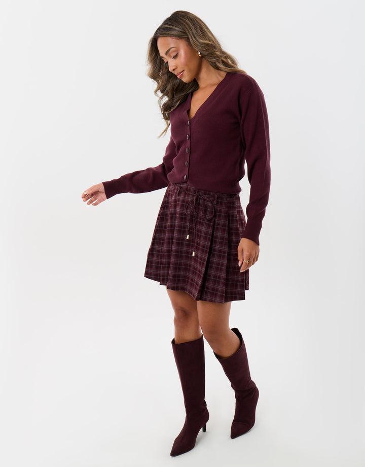 Threadbare Mini Kilt Skirt with Tie Belt in Purple Check - full body