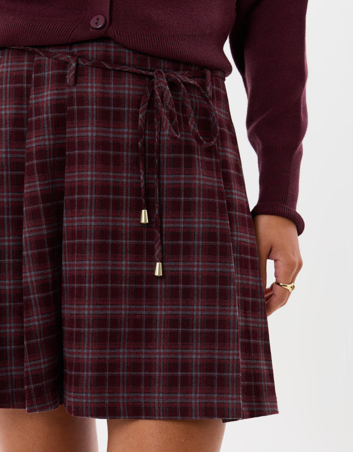 Threadbare Mini Kilt Skirt with Tie Belt in Purple Check - close up